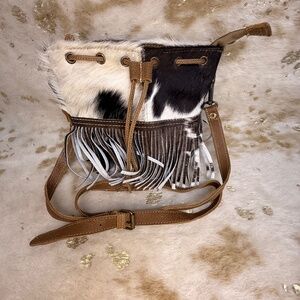 Myra Cowhide Calf-Hair Leather Edgy Fringe Western Boho Cowgirl Crossbody Bag